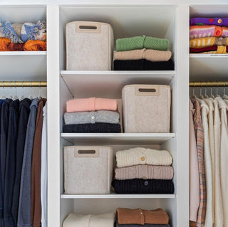 Beige Jamie Bin 10 inch in a shelf