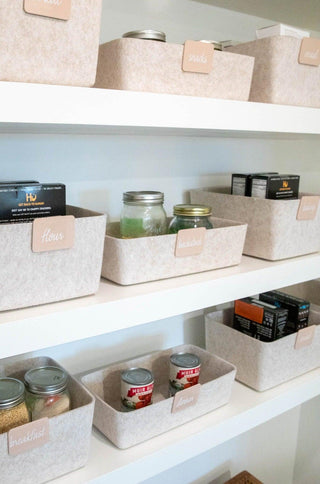 Beige Long Sculpted Bin in a shelf