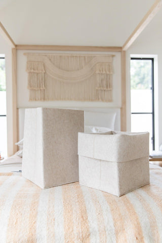 2 original flex bin with 1 unfolded and 1 folded in oatmeal colors