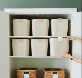 SortJoy Original Sculpted Bins in a shelf