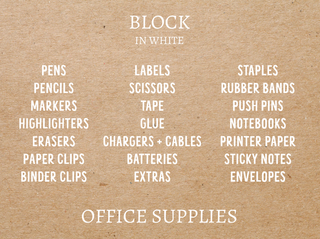 List of office supply tags on a brown background with 'Block in White' text.