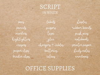 List of office supply tags on a brown background with 'Script in White' text.