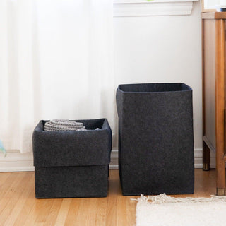 2 dark gray original flex bins with 1 unfolded and 1 folded