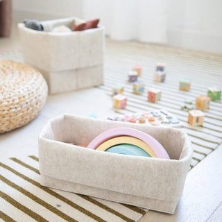 Folded Beige Small Flex Bin with an item inside